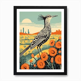 Vintage Bird Linocut Roadrunner 1 Art Print