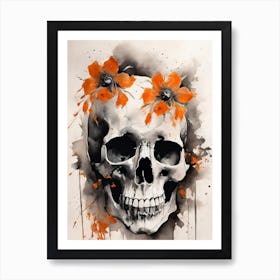 Abstract Skull Orange Flowers Painting (9) Art Print