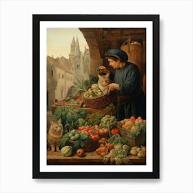 Cats At The Fruit Stall In A Medieval Market Art Print