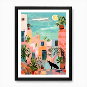 Morocco Street With Black Cat Travel Housewarming Painting Art Print