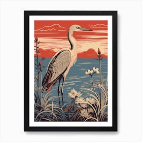 Vintage Bird Linocut Egret 3 Art Print