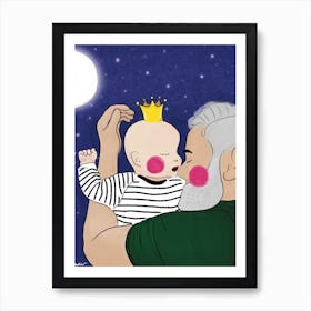 Father With Little Prince Or Princess Baby Sleeping Between The Stars Art Print