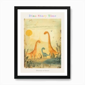 Dinosaur Family In The Sunset Storybook Style Poster Art Print