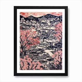 Kyoto Cherry Season Japan Linocut Illustration Style 2 Art Print