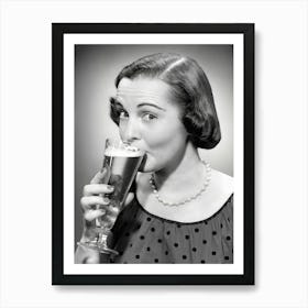 Woman Drinking A Beer Vintage Black and White Photo Art Print