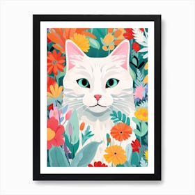 White Cat In Flowers 3 Art Print