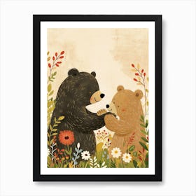 Two Sloth Bears Playing Together In A Meadow Storybook Illustration 3 Art Print