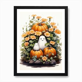 Cute Bedsheet Ghost, Botanical Halloween Watercolour 129 Art Print