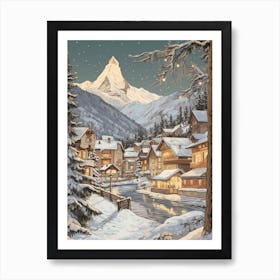 Vintage Winter Illustration Zermatt Switzerland 3 Art Print