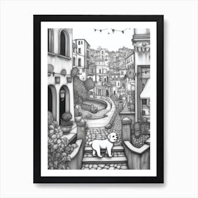 Drawing Of A Dog In Tivoli Gardens, Italy In The Style Of Black And White Colouring Pages Line Art 02 Art Print