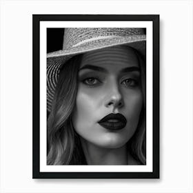 Black And White Portrait Of Beautiful Woman In Hat Art Print