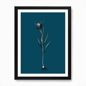 Vintage Chess Flower Black and White Gold Leaf Floral Art on Teal Blue n.0098 Art Print