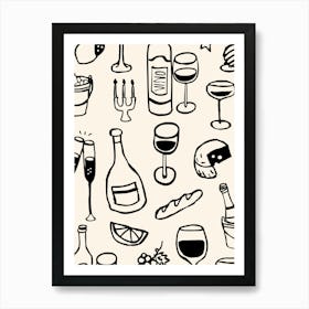 Wine & Cheese Night Hand-Drawn Illustration Print Art Print