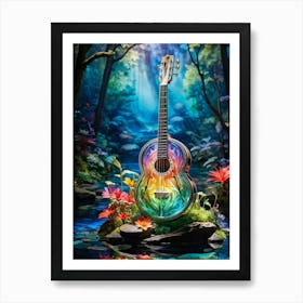 Banjo Sculpted From Crystal Clear Water Positioned At The Heart Of An Enchanted Forest Surrounded (1) Art Print