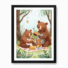 Brown Bear Family Picnicking In The Woods Storybook Illustration 2 Art Print