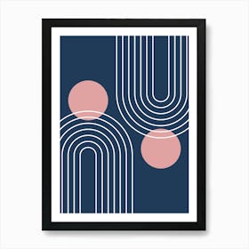 Mid Century Modern Geometric B13 In Navy Blue And Rose Gold (Rainbow And Sun Abstract) 01 Art Print