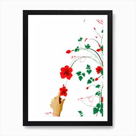 Hand Reaching For Flowers Vector, flower portrait, hand and flowers, orange flowers, flowers and vines, digital art, vector art Art Print