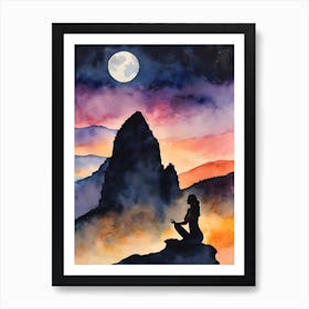 Meditating Woman In The Mountains - Full Moon Contemplating Serenity Calm Yoga Meditating Spiritual Grounding Heart Open Buddhist Indian Travel Guidance Wisdom Peace Love Witchy Beautiful Watercolor Woman Trees Blue Silhouette Art Print