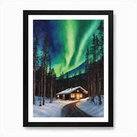 The Northern Lights - Aurora Borealis Rainbow Winter Snow Scene of Lapland Iceland Finland Norway Sweden Forest Lake Watercolor Beautiful Celestial Artwork for Home Gallery Wall Magical Etheral Dreamy Traditional Christmas Greeting Card Painting of Heavenly Fairylights 5 Art Print