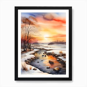 Winter Landscape Watercolor Painting Art Print