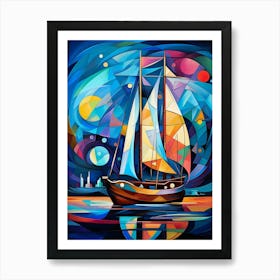 Sailing Boat at Night, Avant Garde Vibrant Colorful Painting in Cubism Picasso Style Art Print