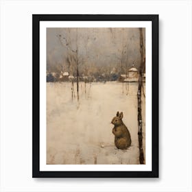 Vintage Winter Animal Painting Rabbit 3 Art Print