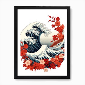Great Wave With Poinsettia Flower Drawing In The Style Of Ukiyo E 2 Art Print