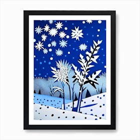 Snowflakes On A Field, Snowflakes, Blue & White Illustration Art Print