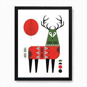 Stag Christmas Print Red Green Art Print