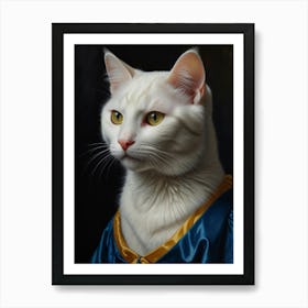 White Cat In Blue Dress Art Print