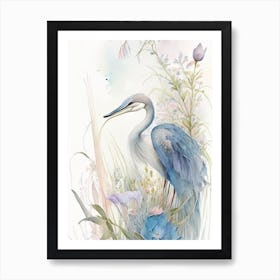 Blue Heron With Flowers Gouache 1 Art Print