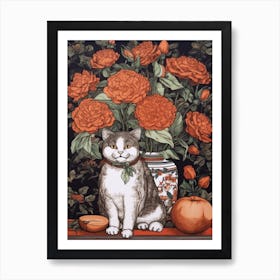 Drawing Of A Still Life Of Carnation With A Cat 3 Art Print