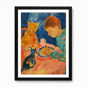 Portrait Of A Boy With Cats Having Dinner 5 Art Print