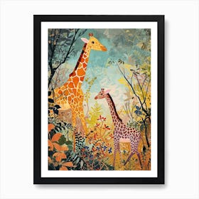 Giraffe In The Leaves Colourful Pattern 3 Art Print