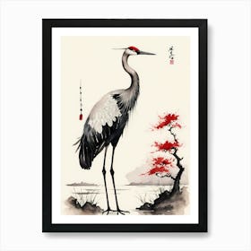 Shuimo Hua,Black And Red Ink, A Crane In Chinese Style (4) Art Print