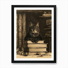 A Cat Resting On Ancient Books Sepia Etching Art Print
