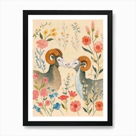 Folksy Floral Animal Drawing Ram 4 Art Print