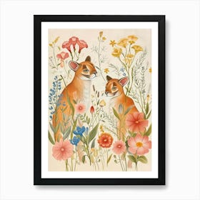 Folksy Floral Animal Drawing Puma 2 Art Print