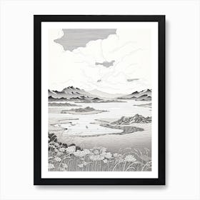 Shiretoko Peninsula In Hokkaido, Ukiyo E Black And White Line Art Drawing 2 Art Print