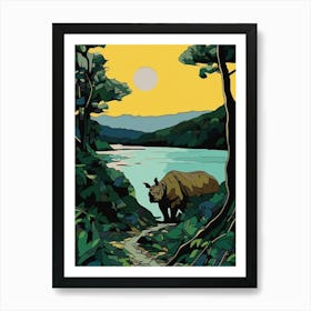 A Rhino Coming Out Of The River In The Sun 2 Art Print