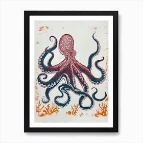 Retro Red Navy Octopus Linocut Style 5 Art Print