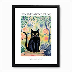 Henri Edmond Cross Style Black Cat With Flowers Poster Art Print