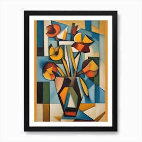 Flowers In Vase Cubism Blue Orange Art Print