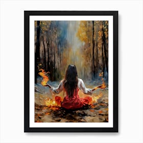 Fire Element Witchy Art Print - Witchcraft Wicca Pagan Oil Painting Cottagecore Witchcore Goblincore Fiery Forest Women Empowerment Lady of Fire Summoning Art Print