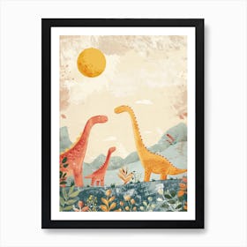 Dinosaur Family With Sun Watercolour Art Print