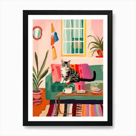 Cat On A Sofa In Boho Living Room Painting Animal Lovers Art Print