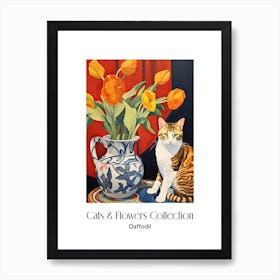 Cats & Flowers Collection Daffodil Flower Vase And A Cat, A Painting In The Style Of Matisse 2 Art Print