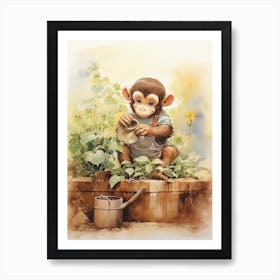 Monkey Painting Gardening Watercolour 1 Art Print