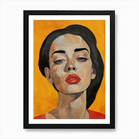 Woman's Portrait with Red Lips on a Yellow Background. Art Print