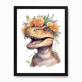 Tyrannosaurus Rex With A Crown Of Flowers Cute Dinosaur Watercolour 4 Art Print